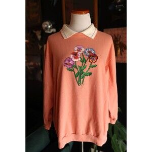 Vintage Haband 90s collared Sweater Coral Peach Flower Bouquet Grandma Cottage L